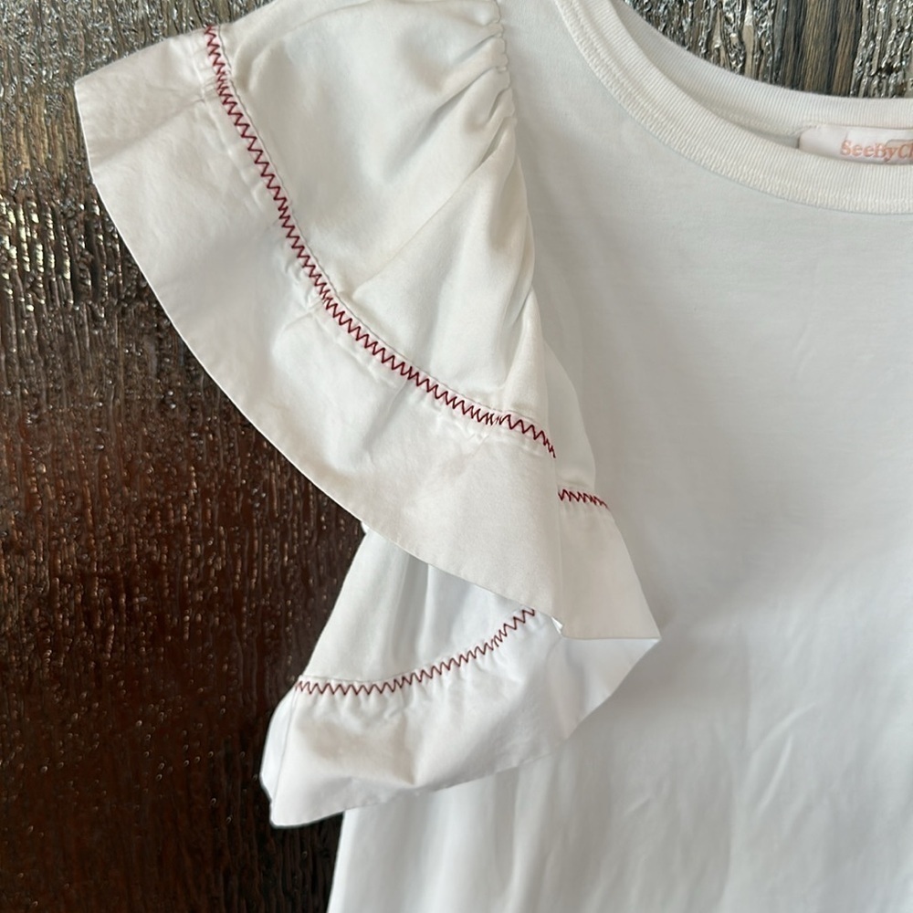 See By Chloe White Flared Sleeveless Stitched Ruffled Tunic Top size S - Picture 3 of 12